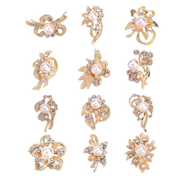 12 Pieces Assorted Rhinestone Imitation Pearl Brooch Set Badge Gold