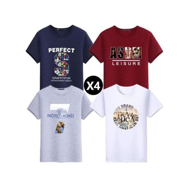 Cotton 4 Pcs Shirts Men's Summer Short Sleeve Cartoon Printed Young Men T-shirt