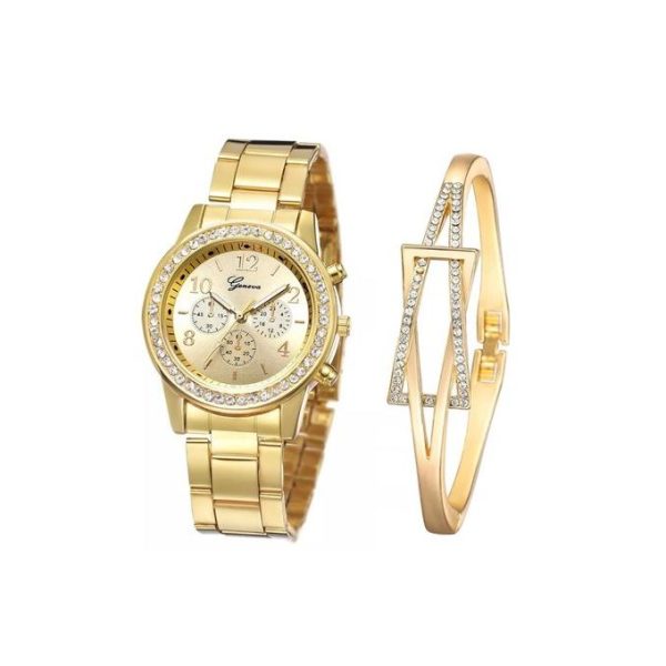 Geneva Classic Full Steel Rhinestone Women Wrist Watch With Bracelet - Gold
