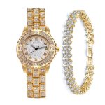 2 in 1 Rhinestone Women Female Wrist Watch And Gold Bracelet