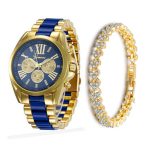 2 in 1 Stainless Steel Ladies Women Female Wrist Watch And Bracelet - Blue/Gold