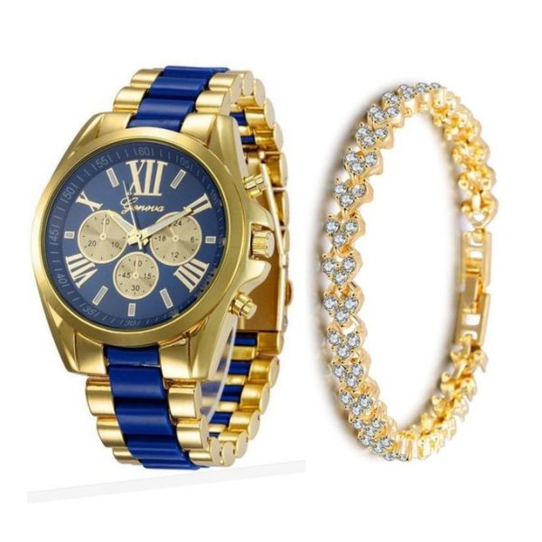 2 in 1 Stainless Steel Ladies Women Female Wrist Watch And Bracelet - Blue/Gold