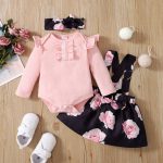 Baby Girls Long Sleeve Bodysuit - Floral Suspender Skirt With Headband