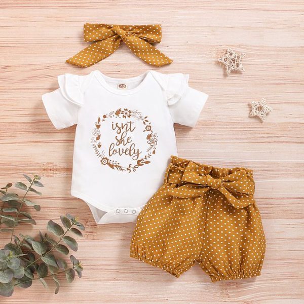Baby Girls Letter Print Short Sleeve Bodysuit + Polka Dot Shorts + Headband